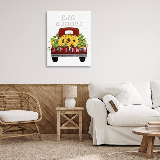 Stupell Industries Hello Summer Quote Sunflower Flower Patriotic Truck Canvas Wall Art